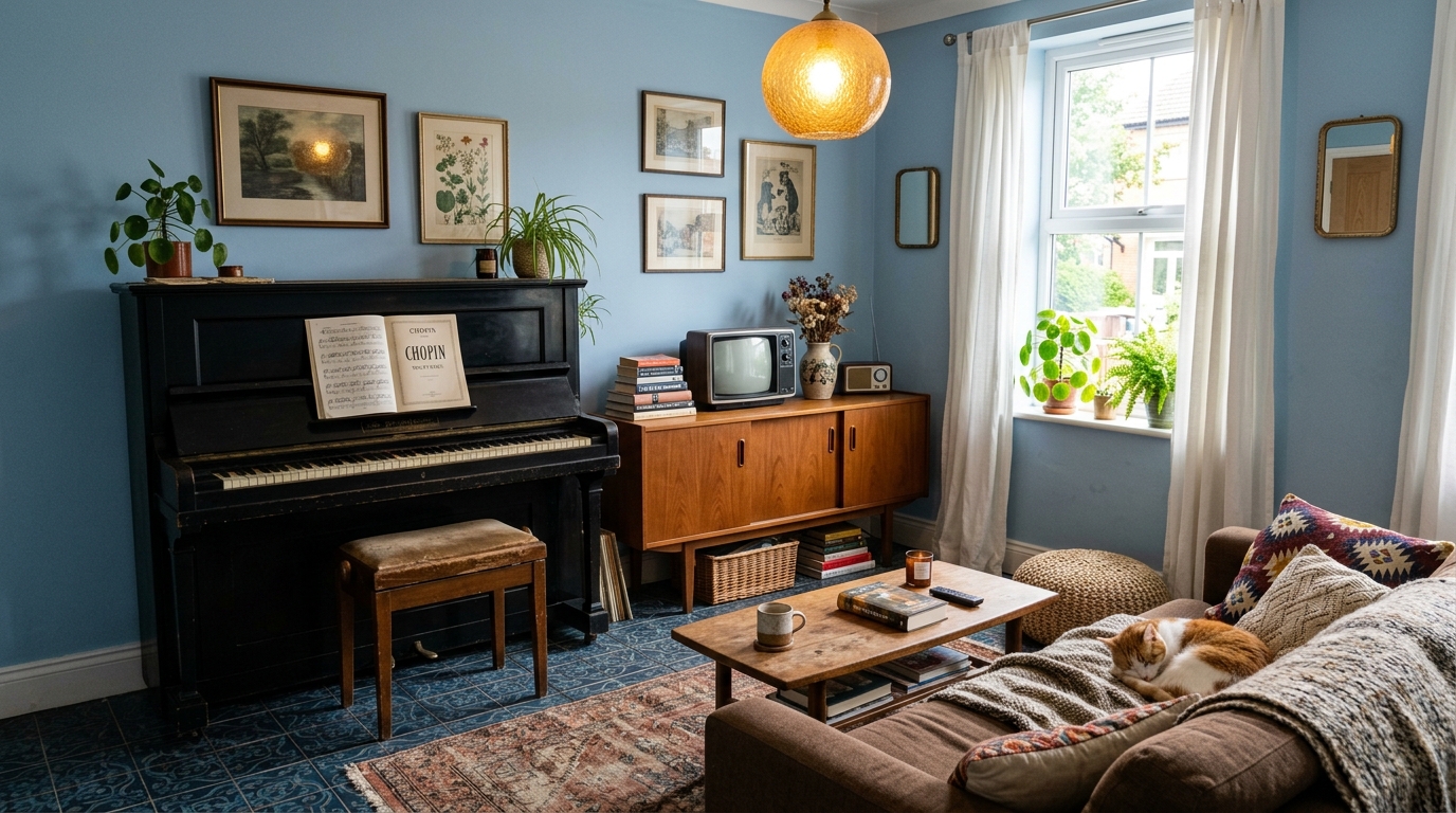 Cozy vintage flat living room with powder blue walls, patterned tile floor, upright piano, teak credenza, and glowing globe pendant light